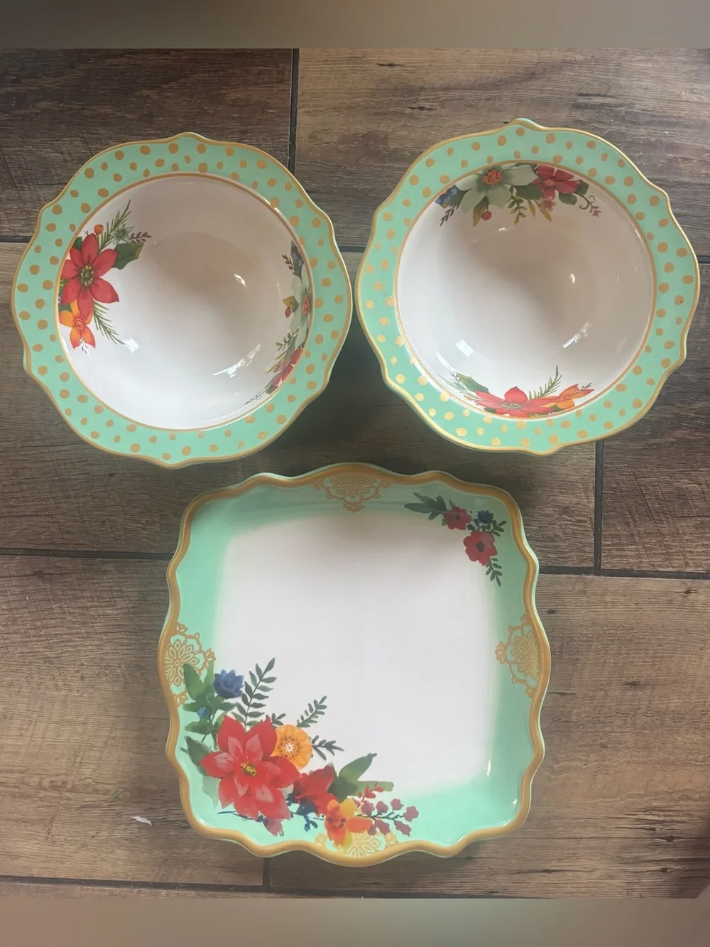 Pioneer Woman Holiday Charm 3 Pc Serving Set 2 Bowls & Platter Mint Floral Gold